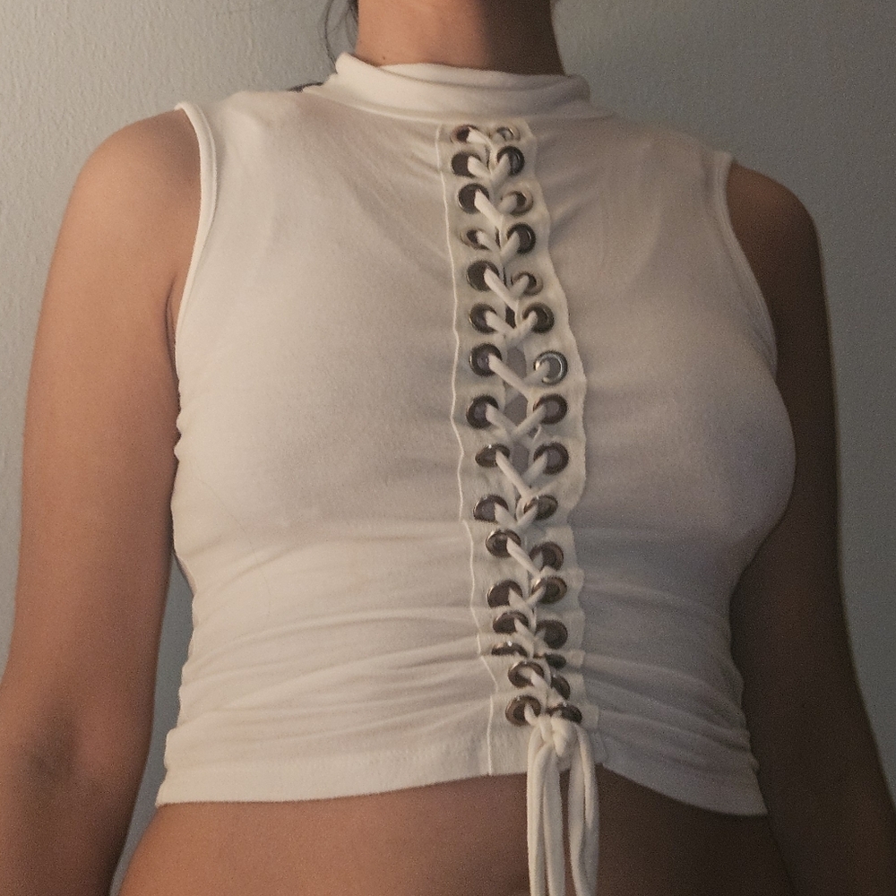 Women's White Lace-Up Sleeveless Top